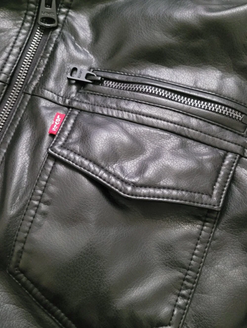Levi Strauss Mens Black Faux Leather Moto Trucker Hoodie Layer Jacket  L